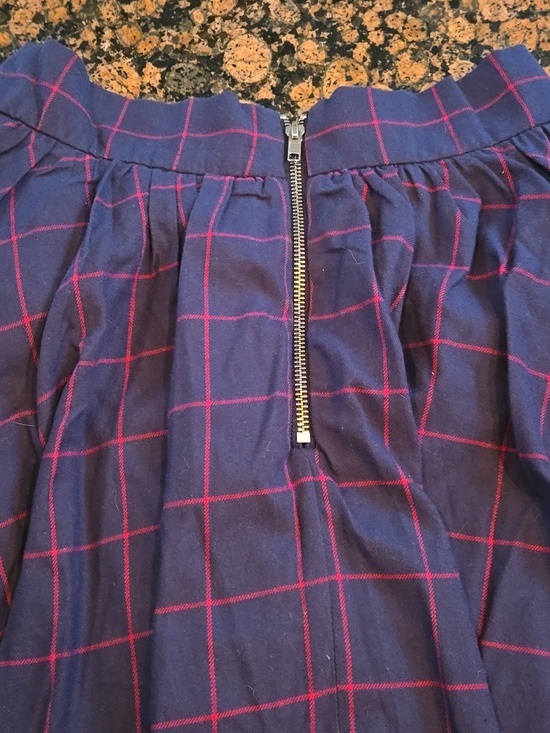 Blue Plaid Gathered Women's Skirt with Pink Windowpane Lines - Picture 3 of 5